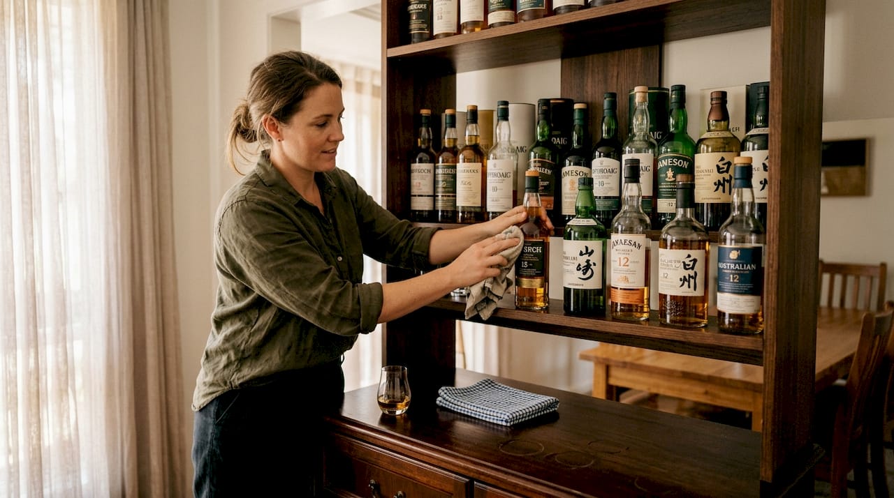Woman dusting whisky bottles on open home shelves