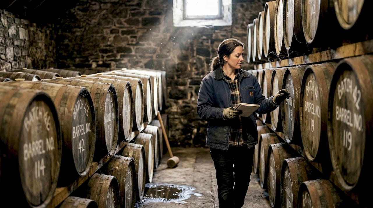 Worker inspecting cask in whisky warehouse
