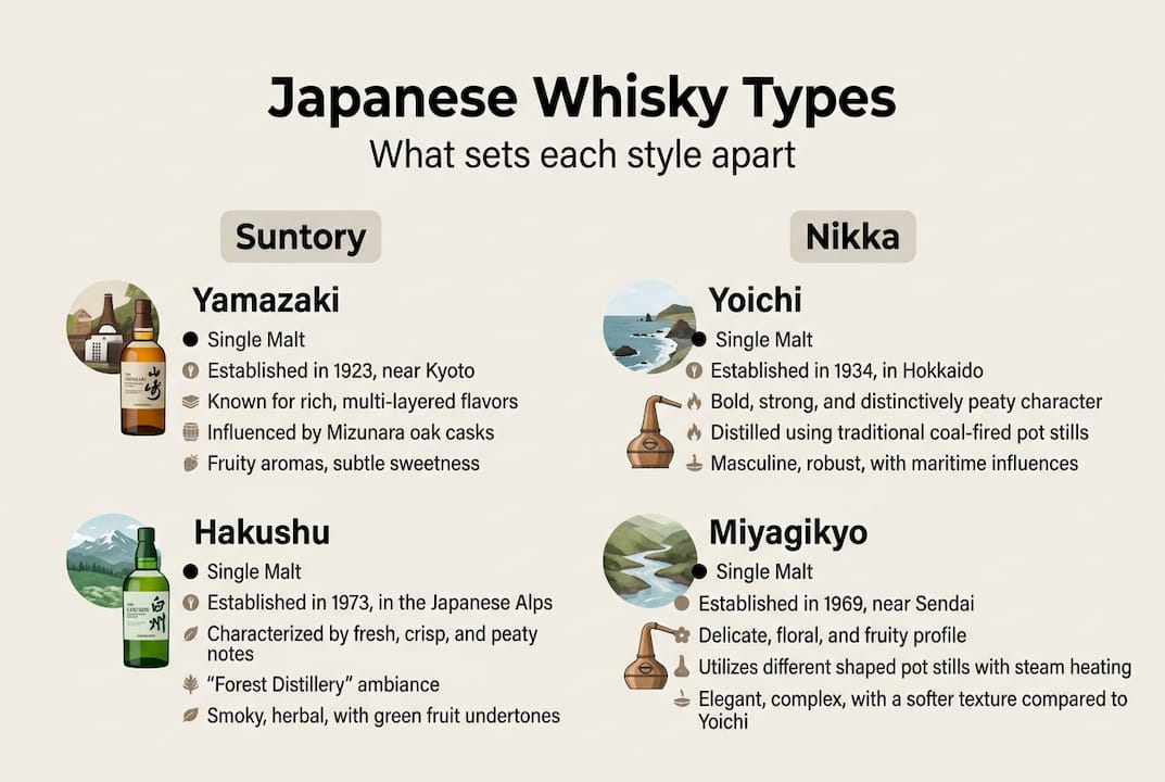 Infographic showing major Japanese whisky types