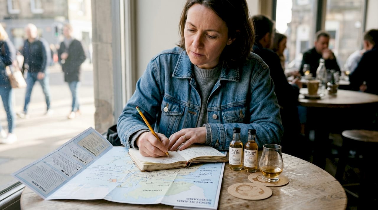Woman using whisky regions map in café