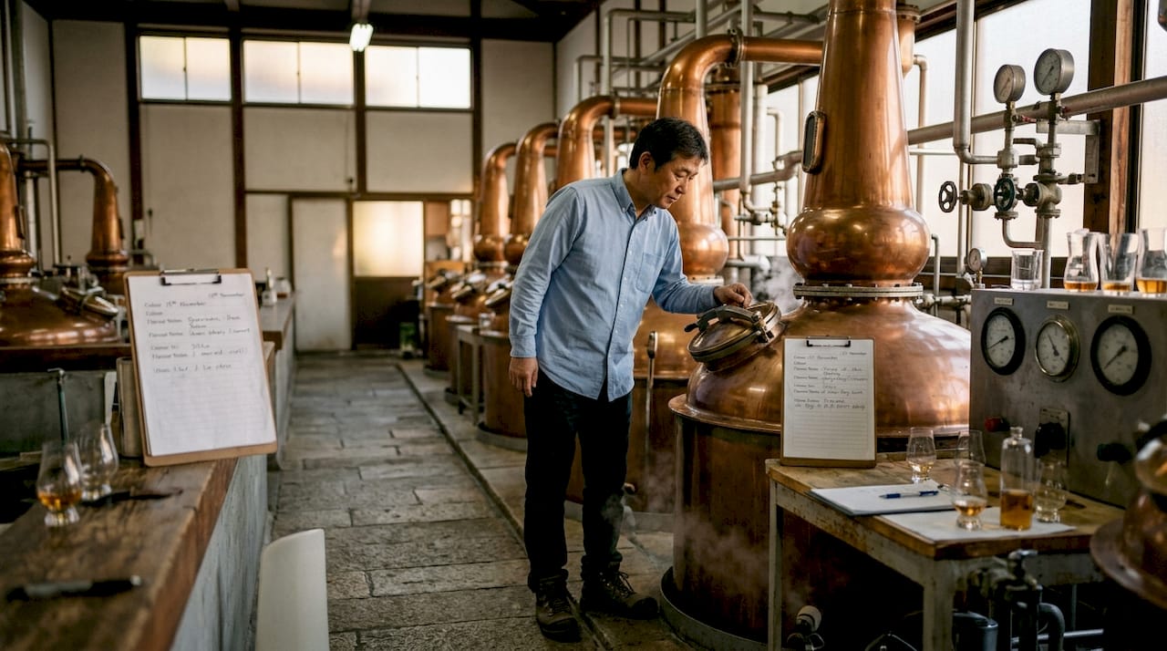 Worker examining copper stills in distillery