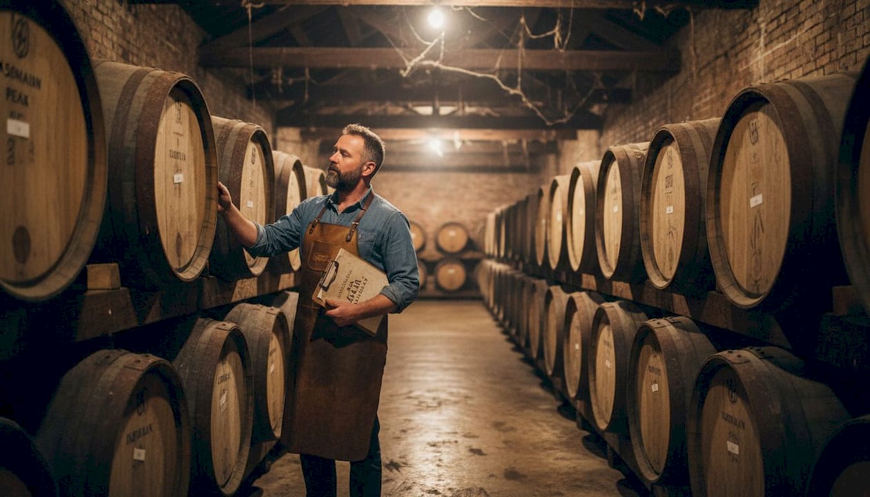 Distillery worker checking aging whisky casks