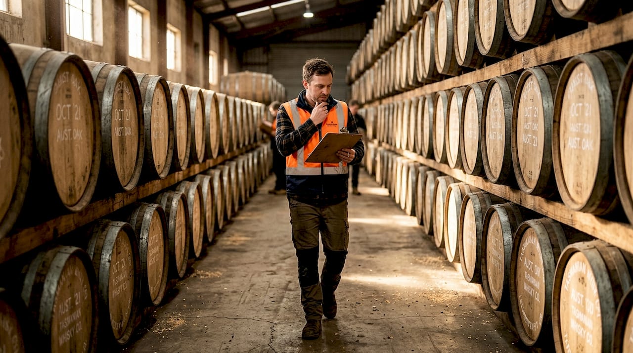 Distillery worker inspecting whisky barrels