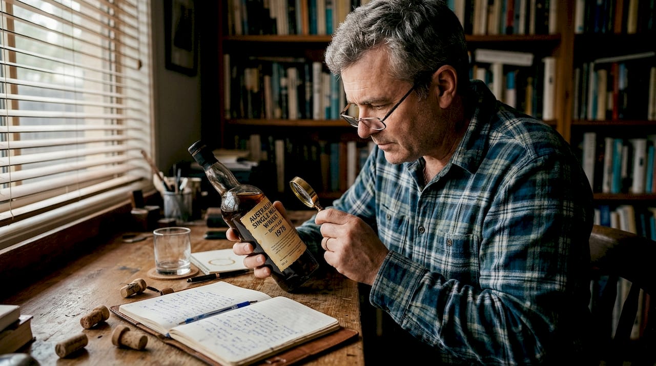 Man inspecting vintage whisky bottle label