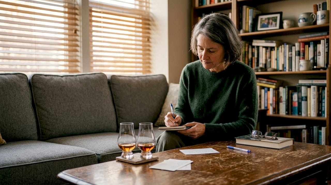 Woman tasting rye and bourbon at home