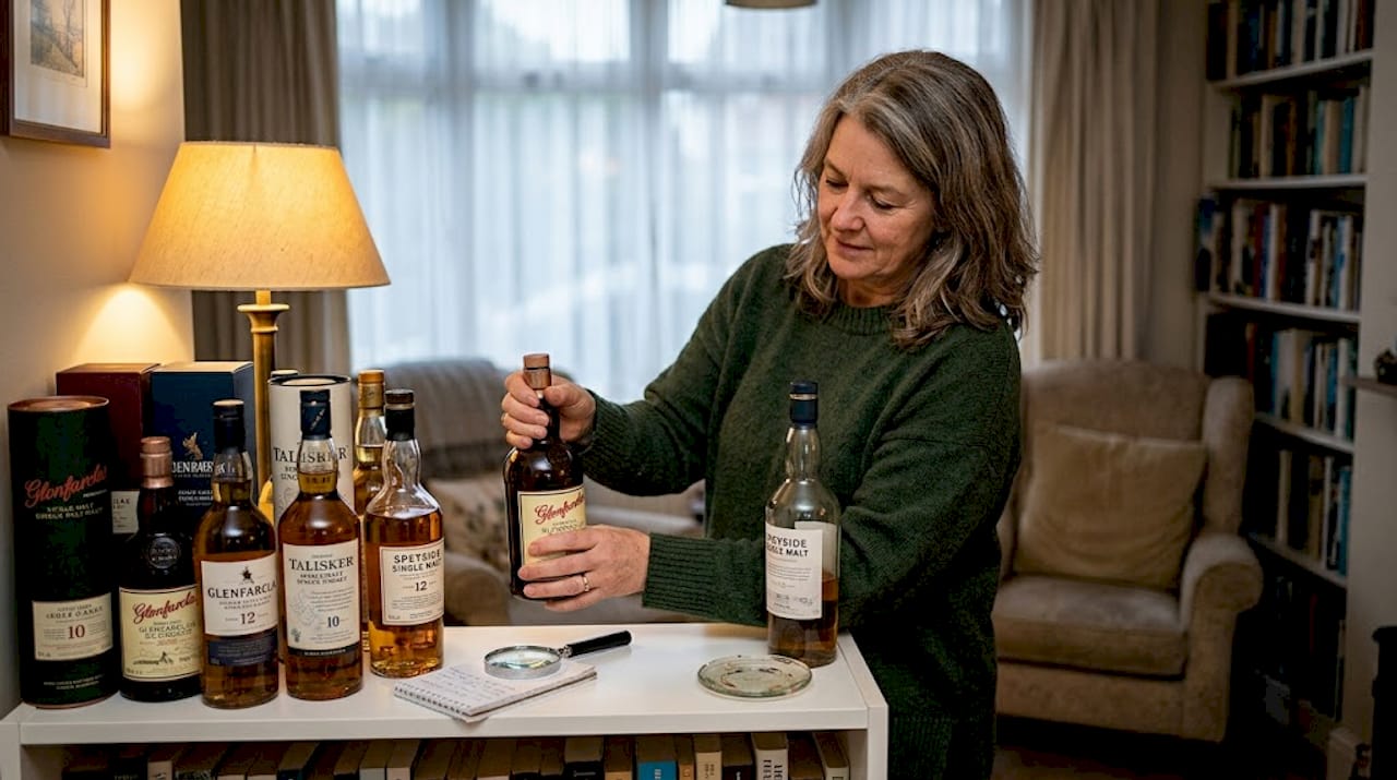 Collector arranging whisky bottles on home shelf
