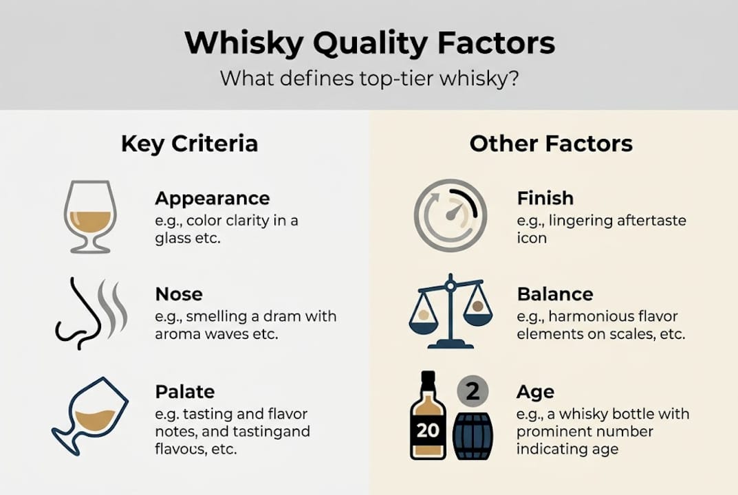 Infographic illustrating whisky quality criteria