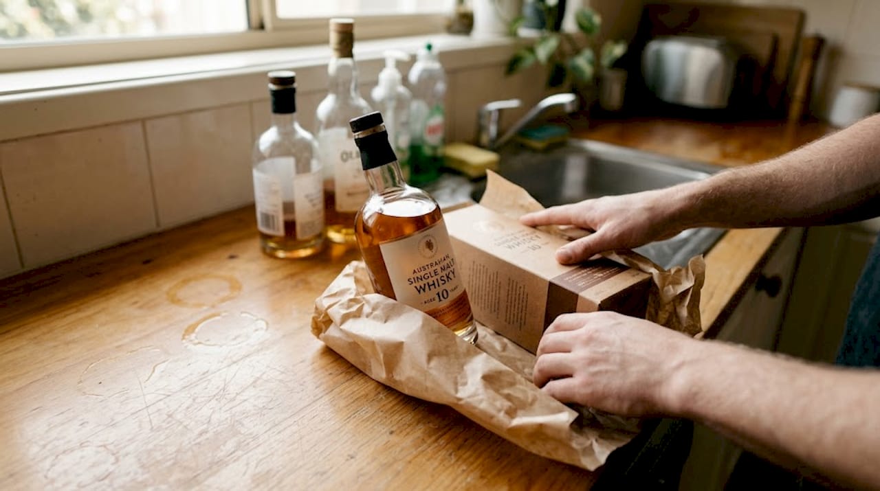Hands wrapping whisky bottle in packaging