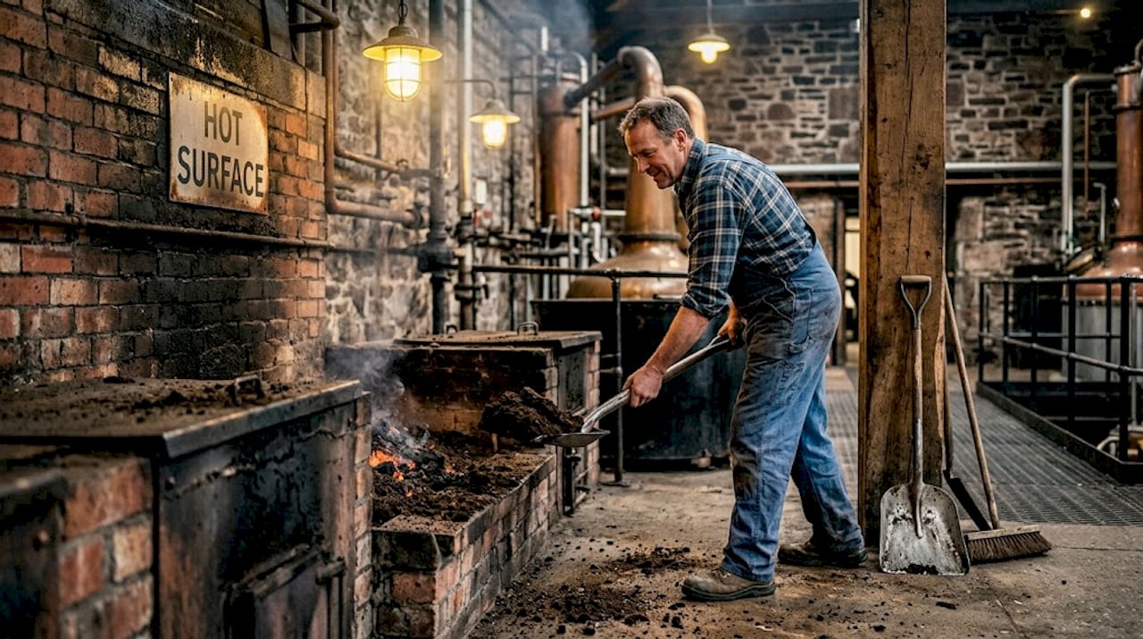 Distillery worker tends peat kiln for whisky