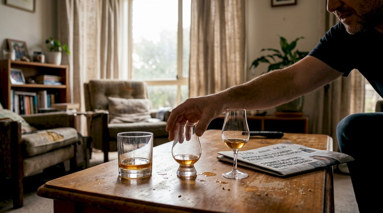 Different whisky glasses on coffee table