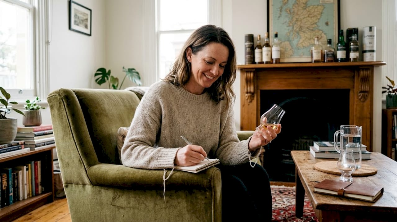 Woman tasting and journaling whisky flavors