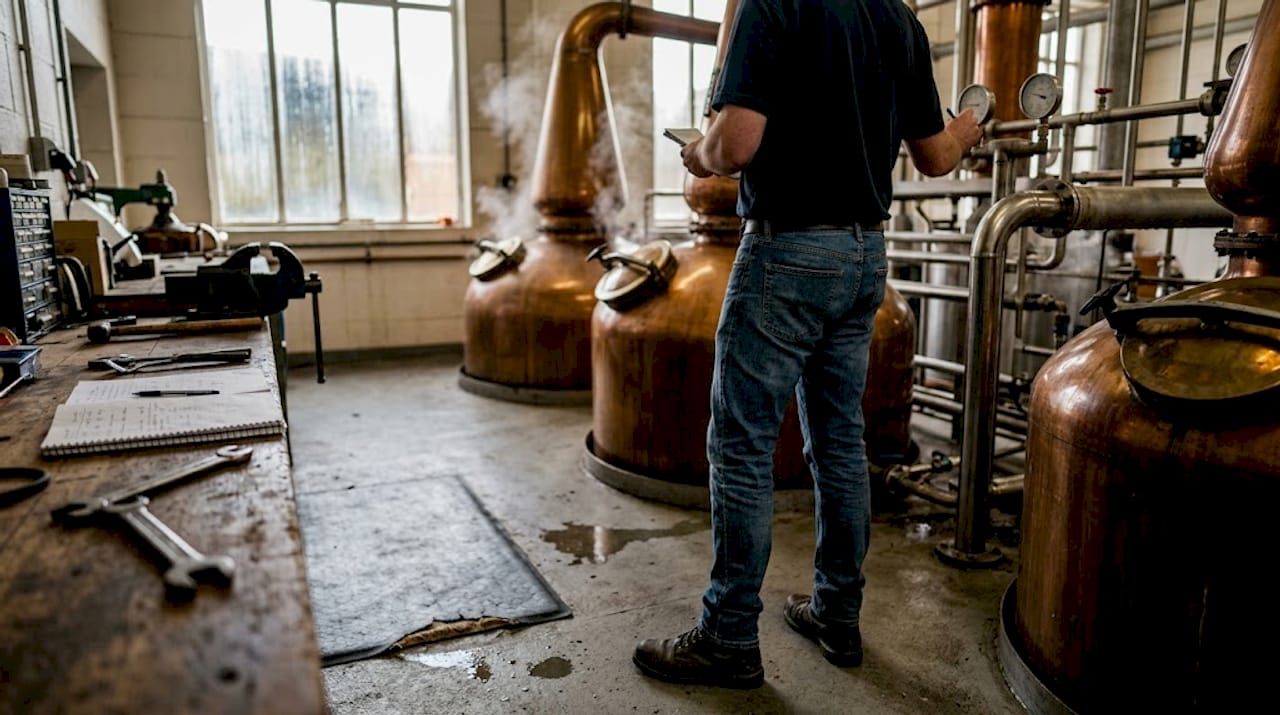 Distillery worker with copper pot stills and notes