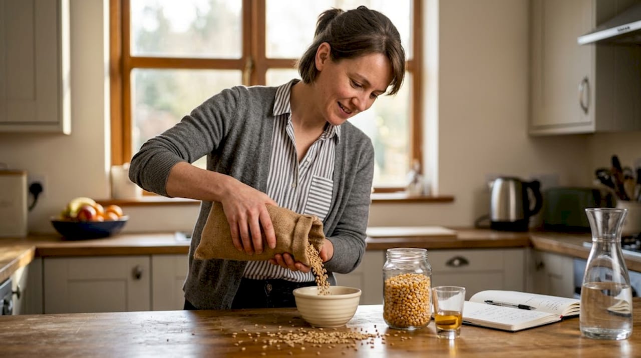 Closeup of grains and whisky ingredients on kitchen counter