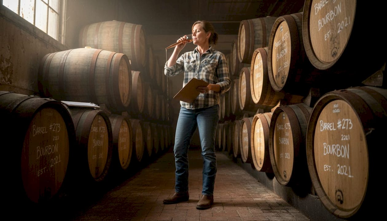 Sampling bourbon from aging barrels in rickhouse