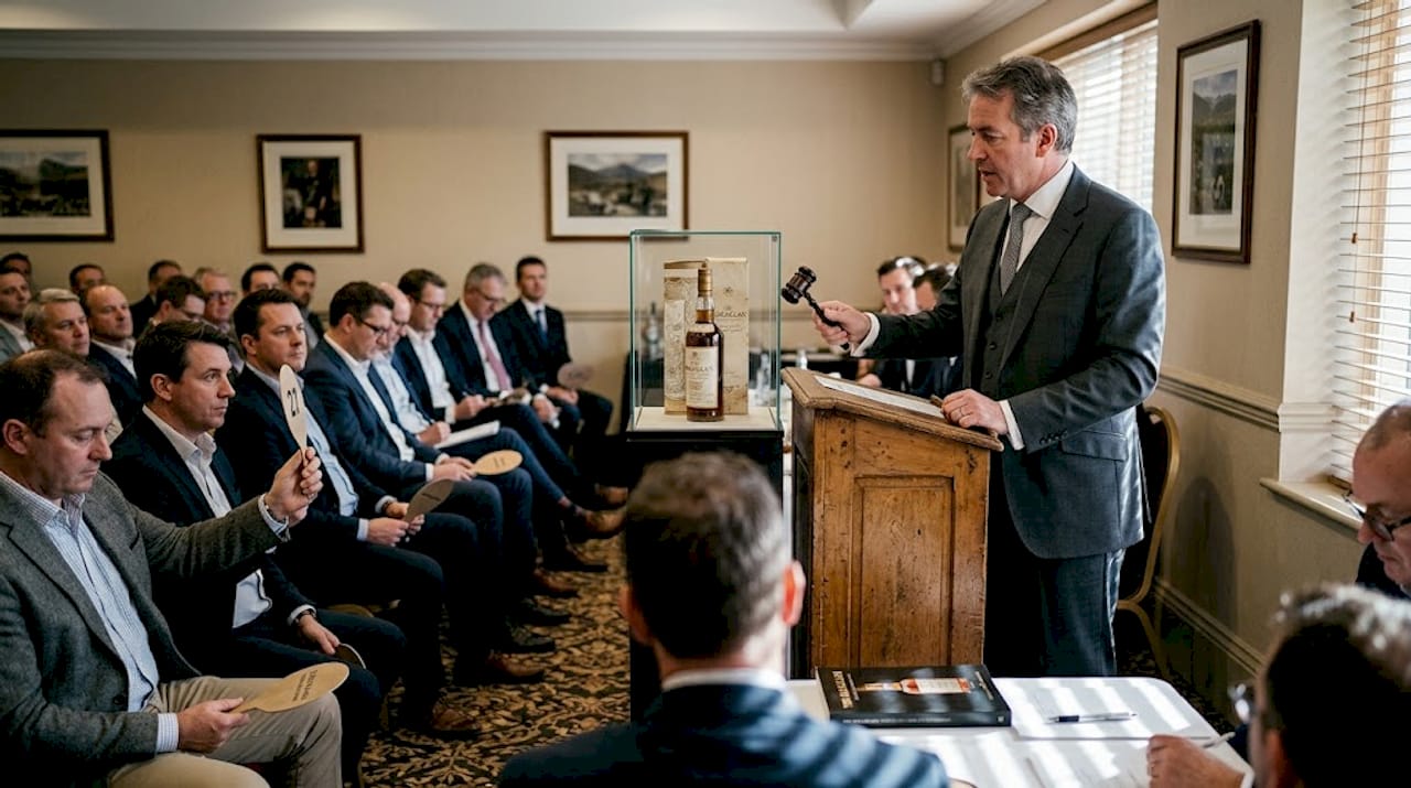 Auction room with Macallan bottle display and bidding