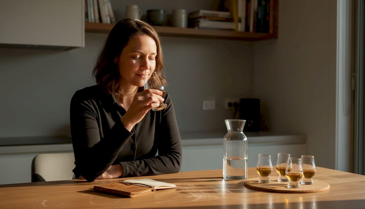 Woman nosing whisky, noting aroma at kitchen counter