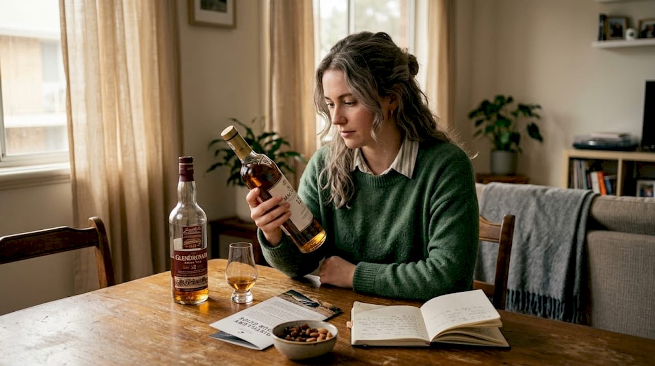 Woman comparing whisky bottles at home
