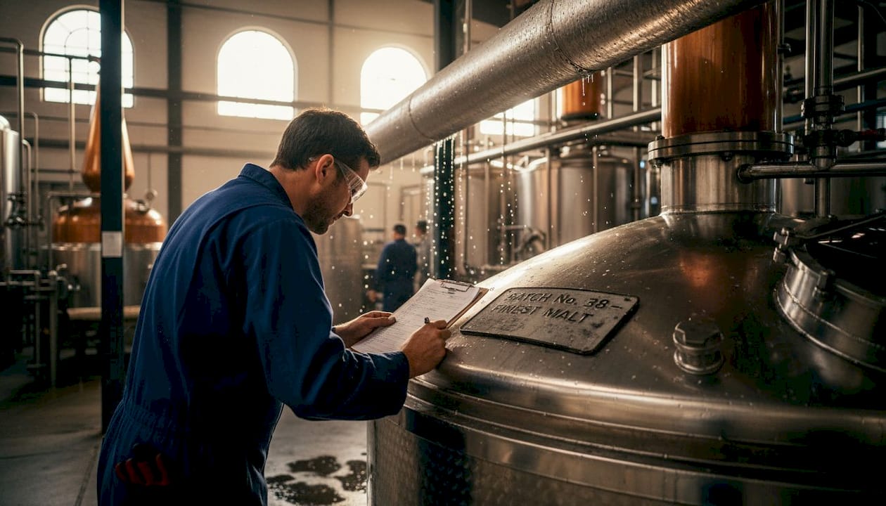 Distillery worker checking mash tun