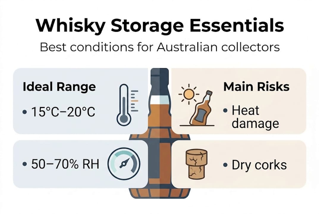 Infographic showing ideal whisky storage conditions