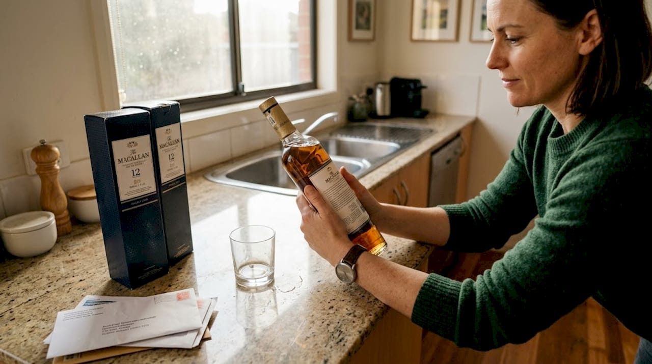 Woman reading Scotch whisky bottle label at kitchen
