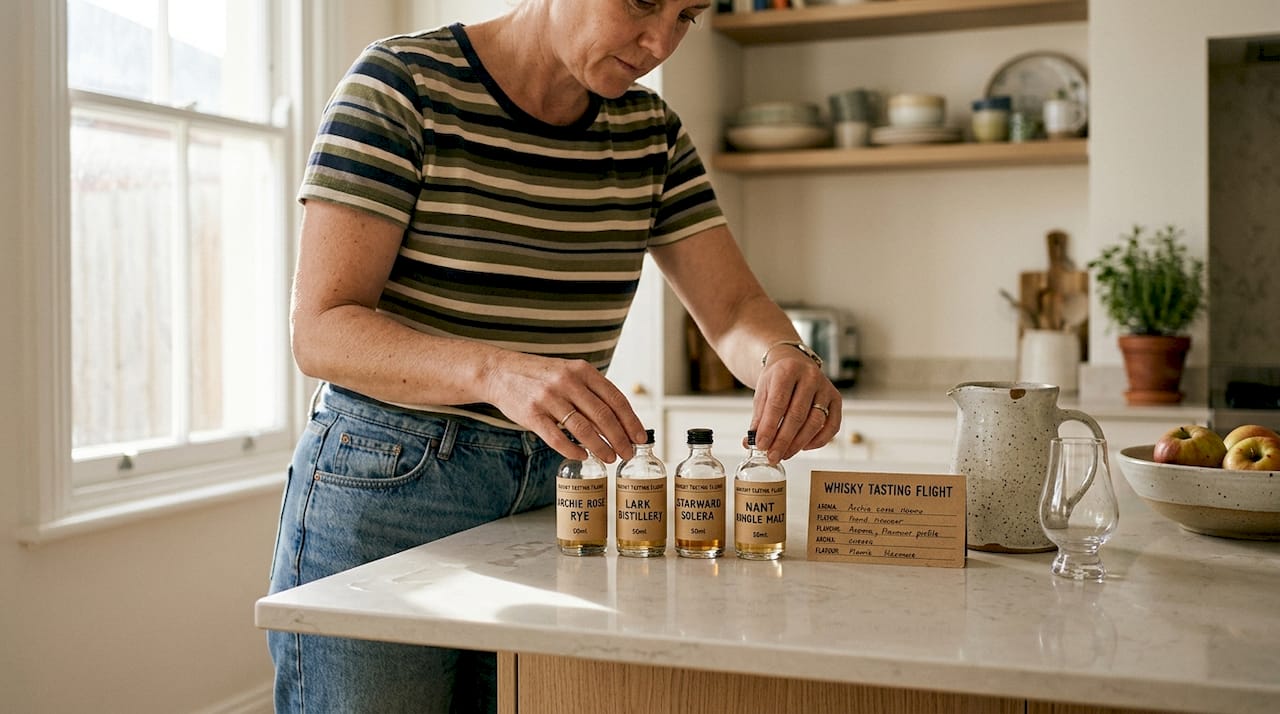 Woman arranging whisky tasting set on kitchen counter