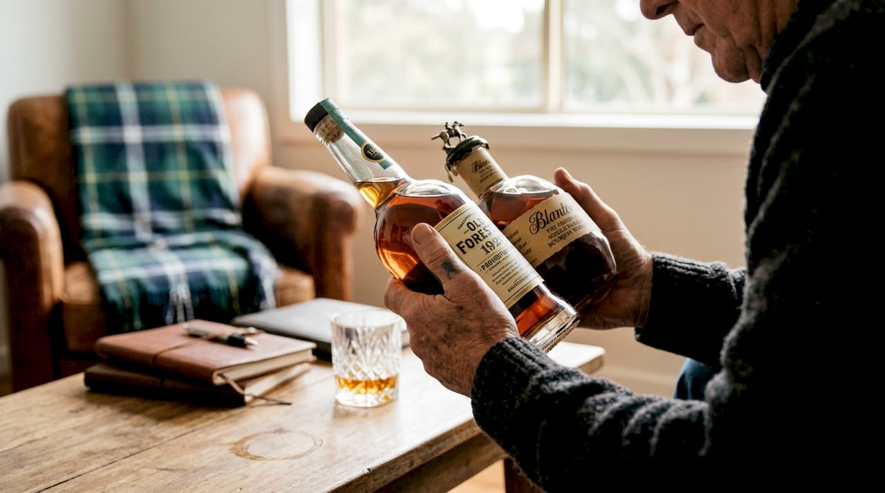 Hands comparing bourbon bottle labels in living room