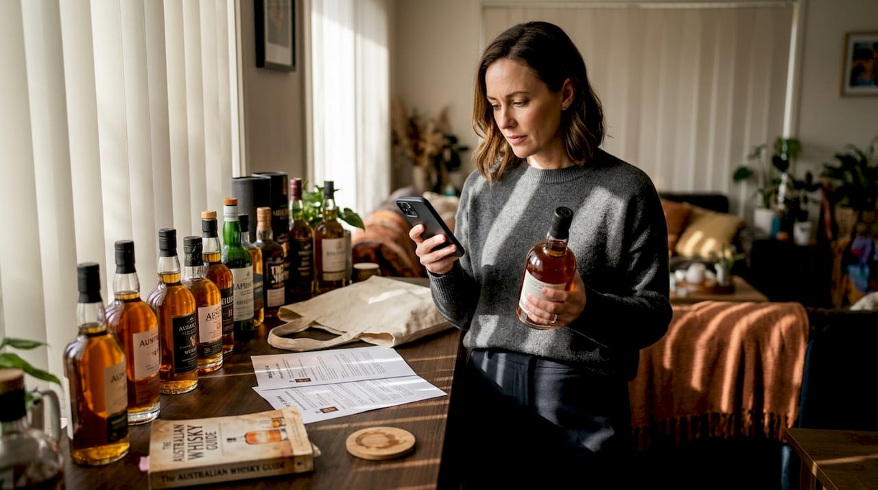 Woman compares premium whisky deals at home shelf