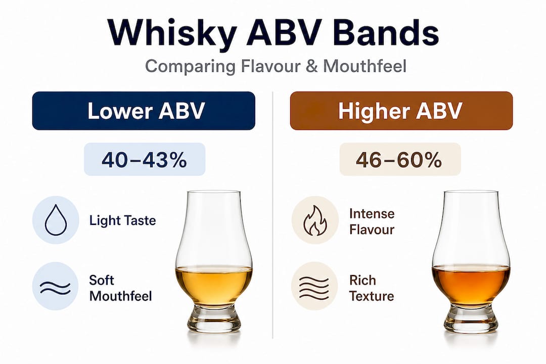 Infographic comparing lower and higher ABV whisky