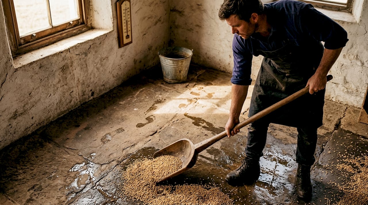 Worker tending soaked barley for malting