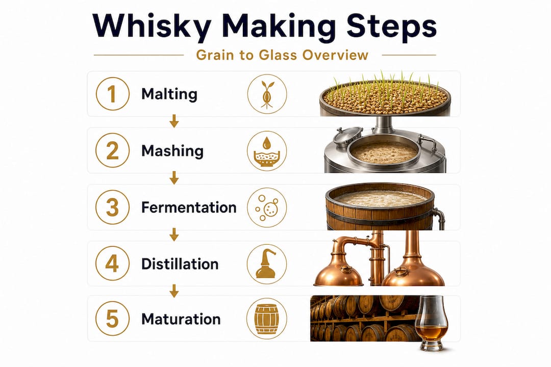 Infographic shows whisky production steps from grain to glass
