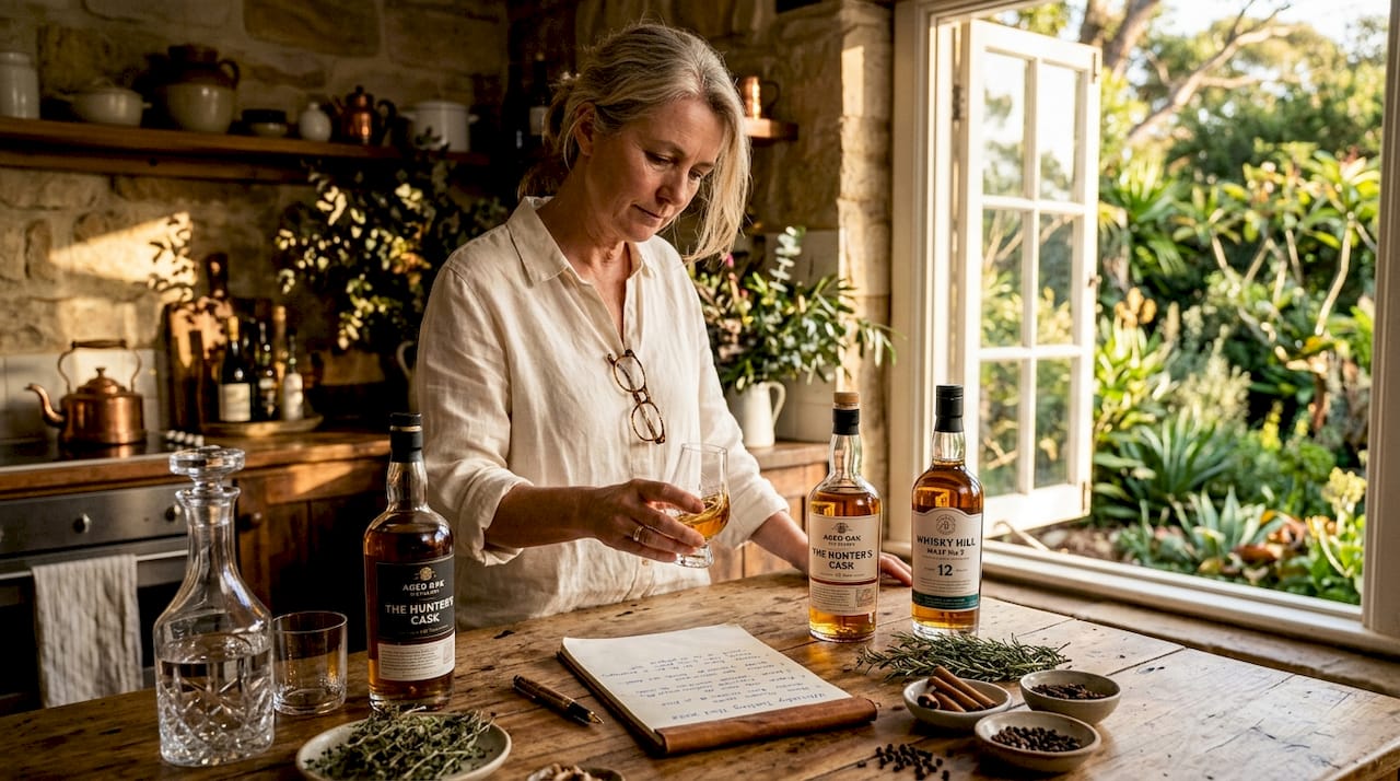 Woman swirling whisky glass in kitchen