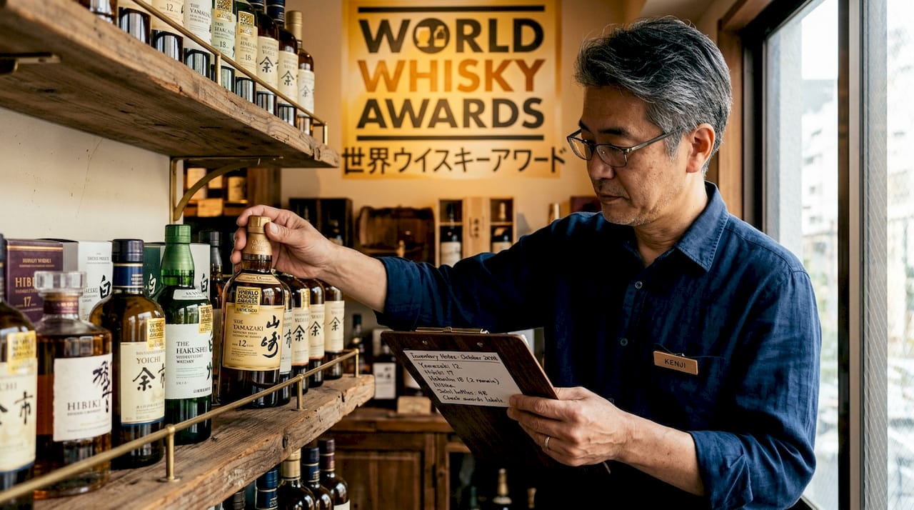 Japanese whisky bottles with awards displayed