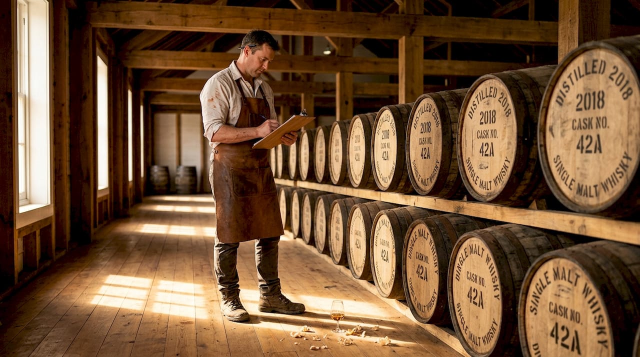 Distillery worker inspecting whisky barrels