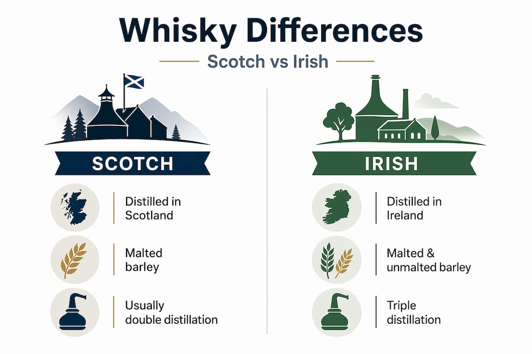 Infographic contrasting Scotch and Irish whiskey