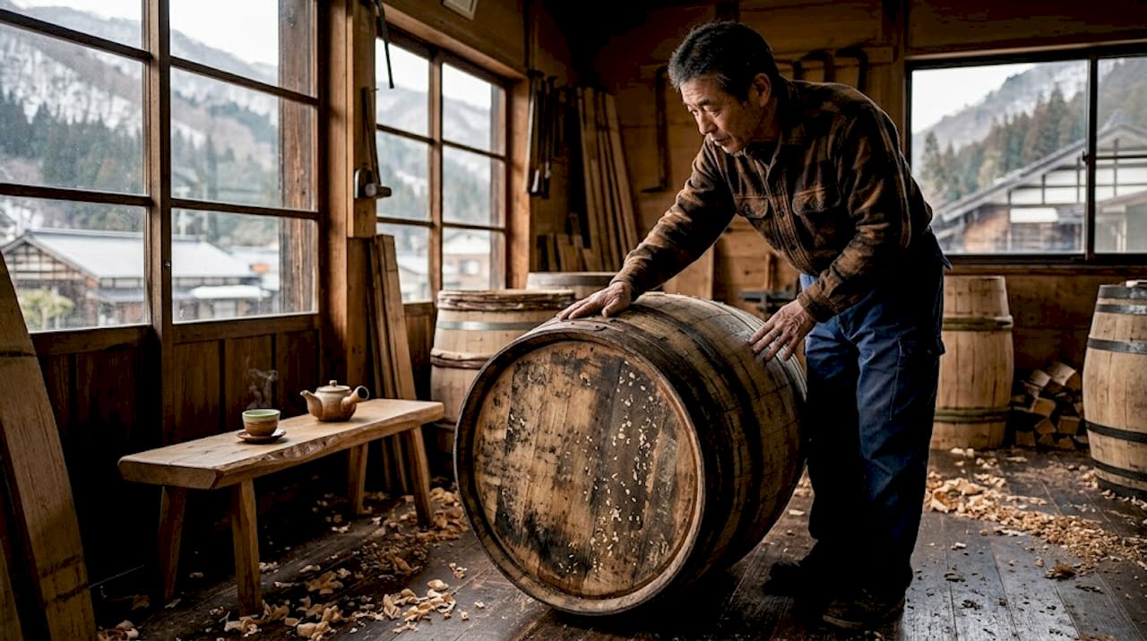 Craftsman inspecting Mizunara oak cask