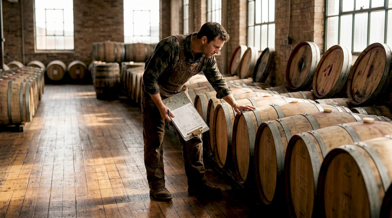 Distillery worker inspecting aging barrels