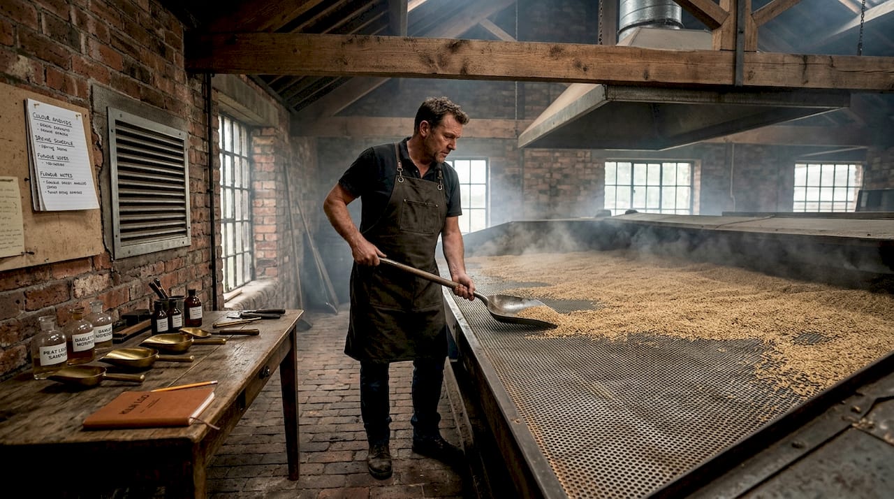 Distillery worker drying barley with peat smoke