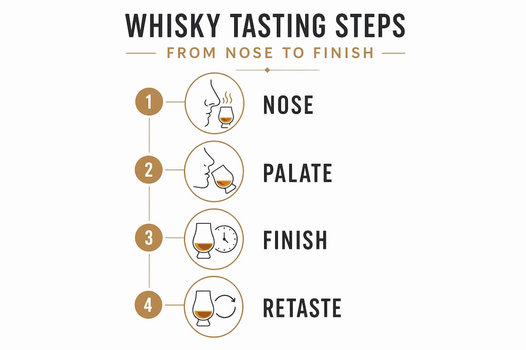 Infographic showing whisky tasting steps from nose to finish