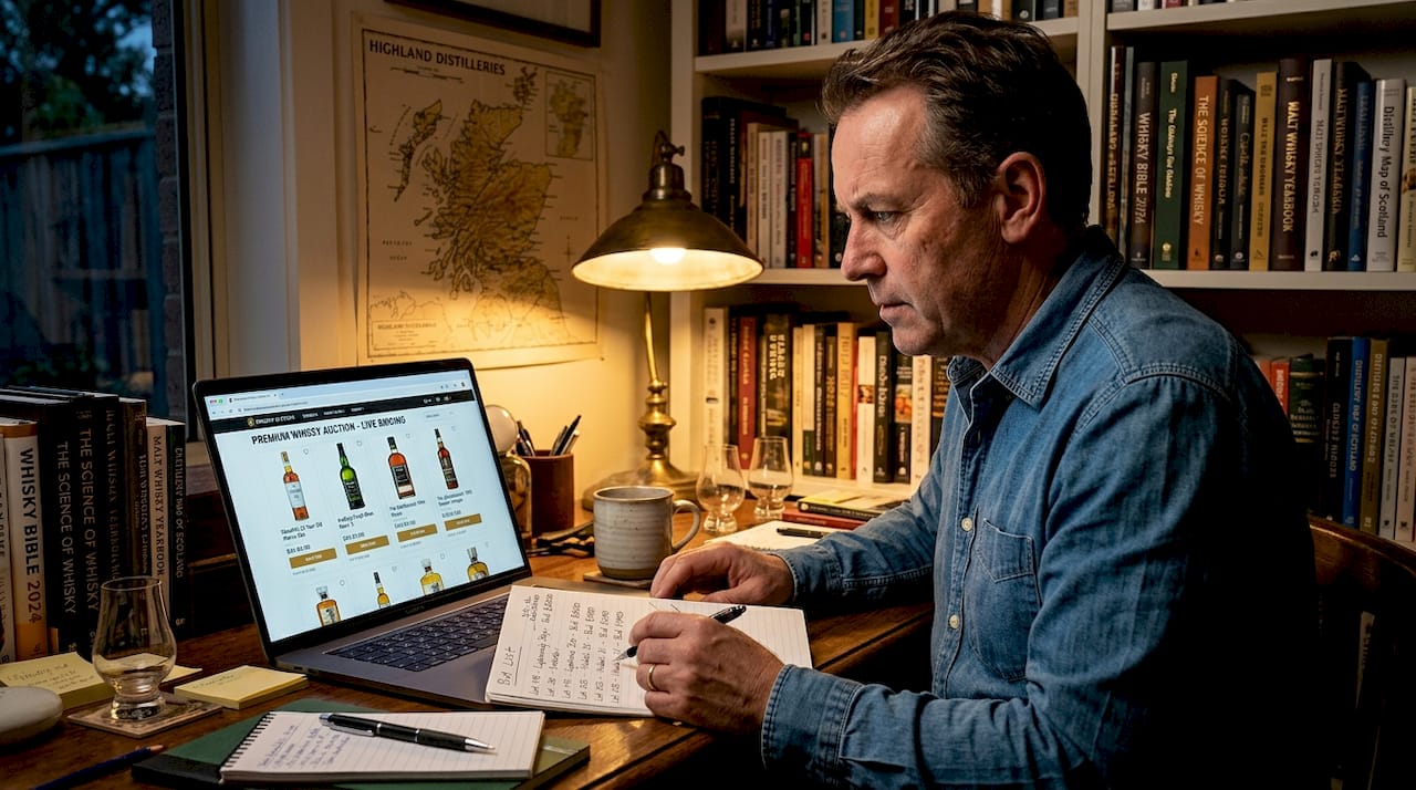 Buyer bidding at cluttered table during whisky auction