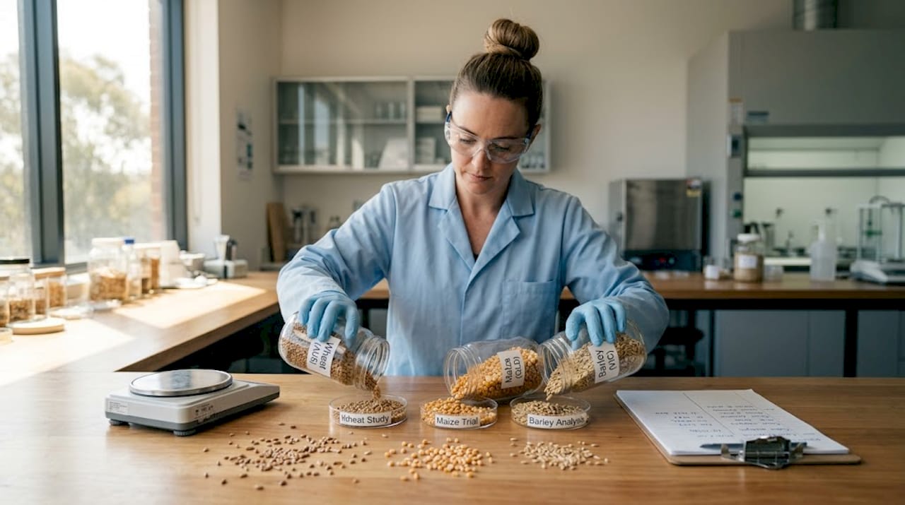 Lab technician arranging wheat, maize, barley grains