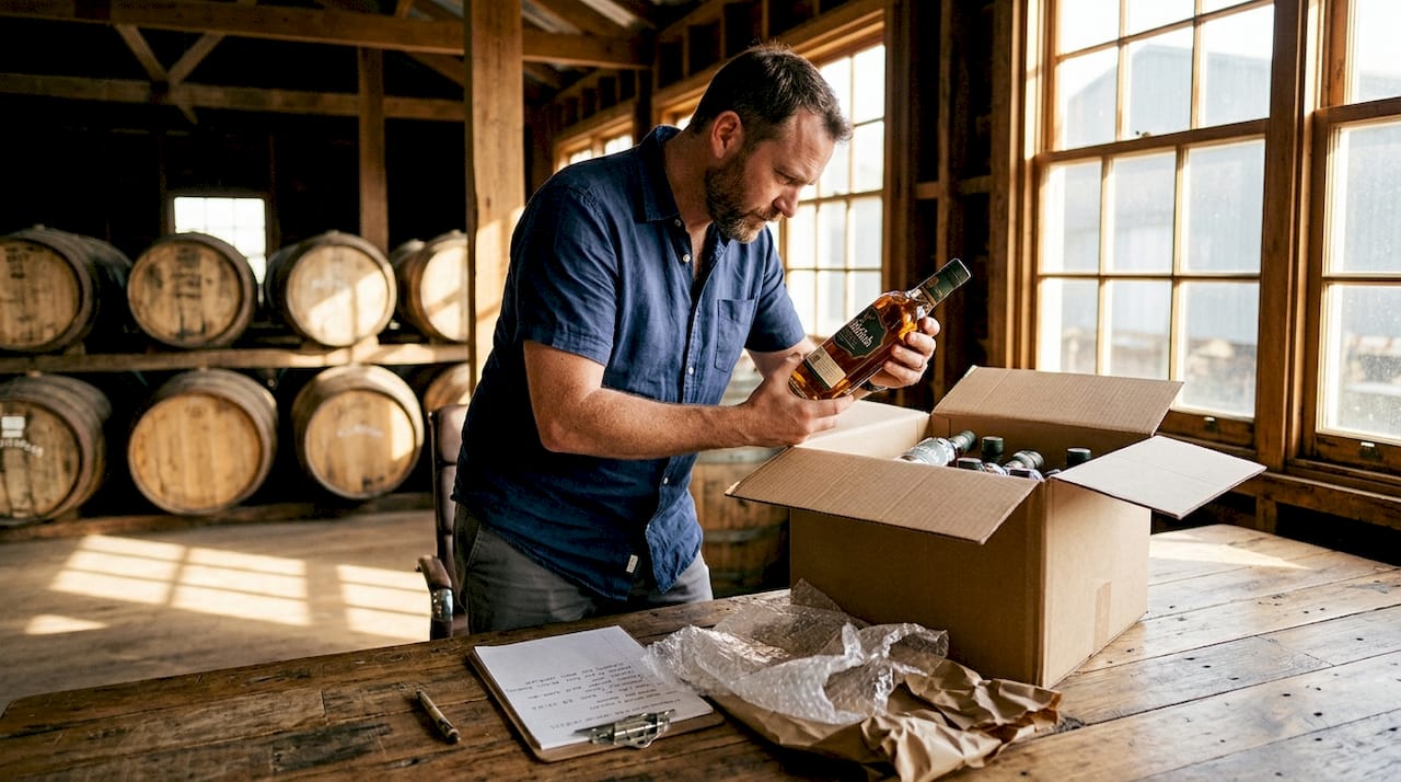 Manager inspecting whisky packaging for shipment