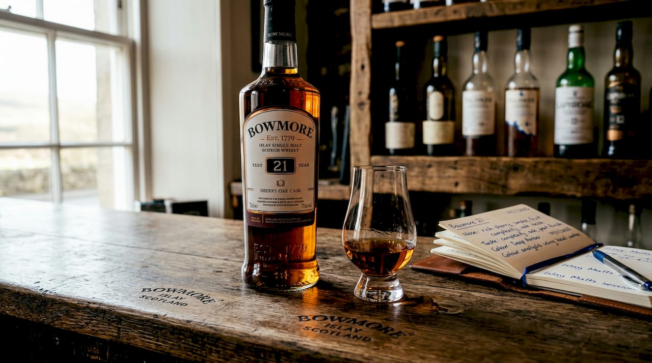 Close-up of Bowmore 21 whisky bottle and glass