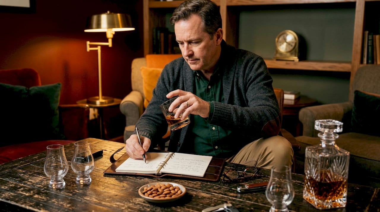 Man tasting bourbon in kitchen setting