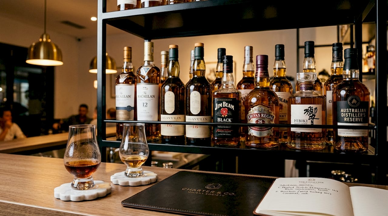 Labeled whiskey bottles on a home bar shelf