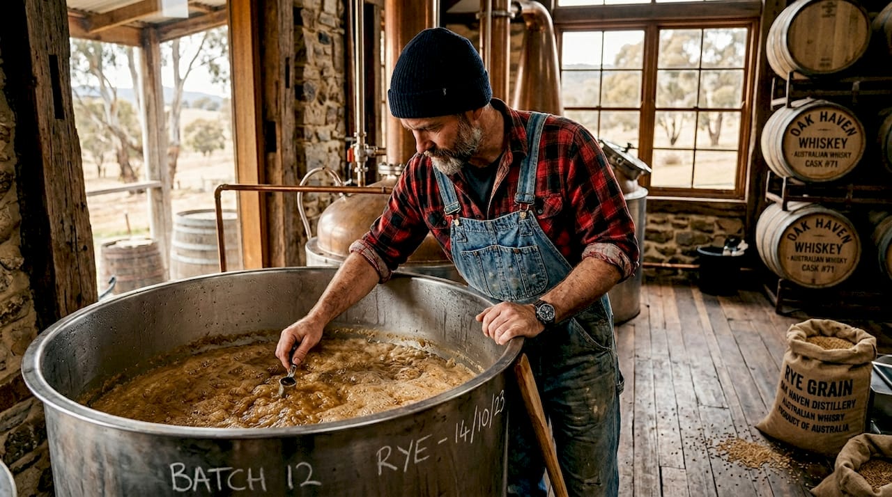Distiller checks rye mash vat for foaming