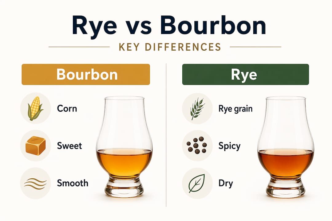 Infographic comparing rye and bourbon attributes
