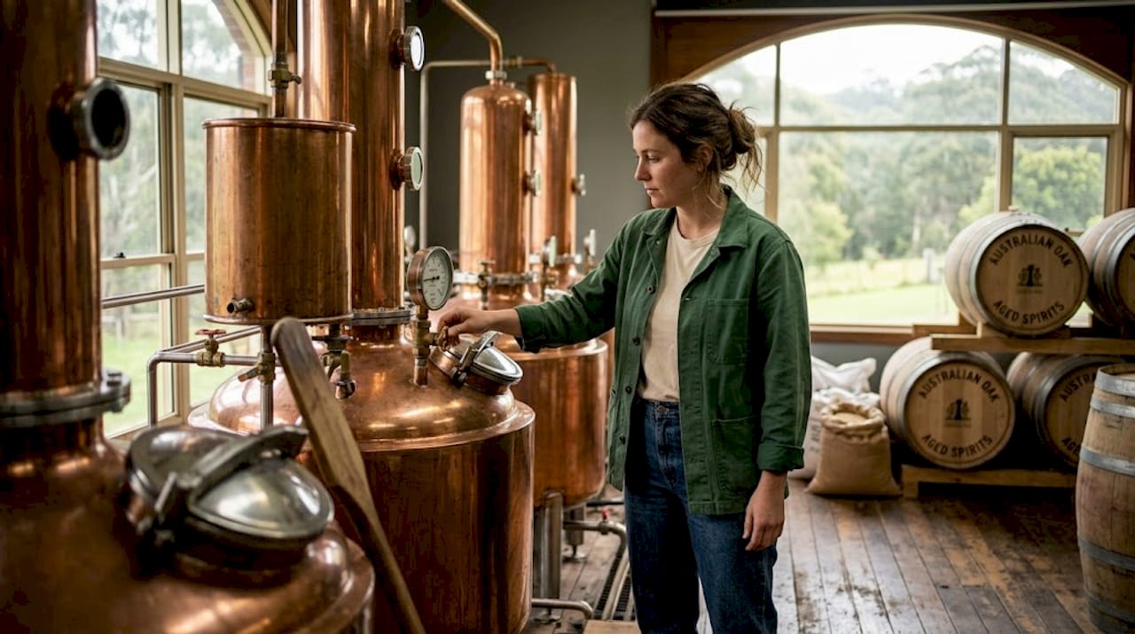 Distiller checking copper stills in whiskey distillery