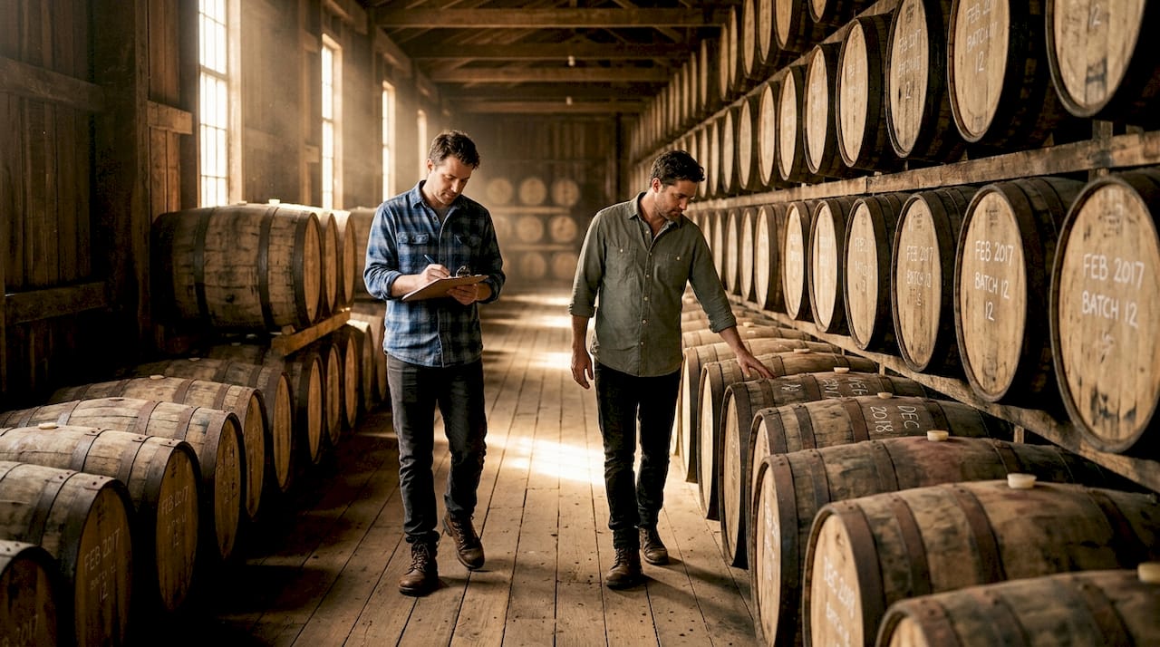 Workers inspecting oak whiskey barrels in warehouse