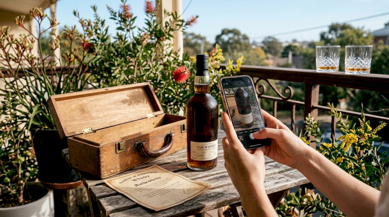 Hands photographing rare whisky bottle