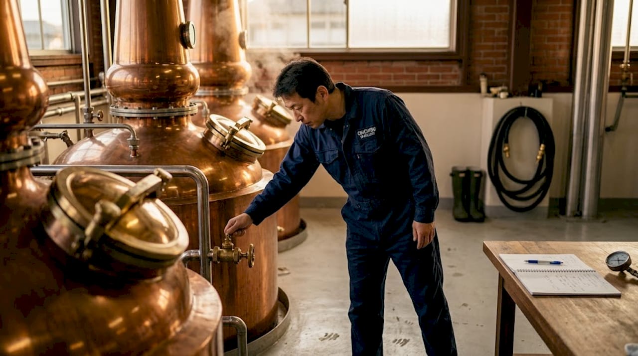 Distillery worker adjusts copper still in Chichibu